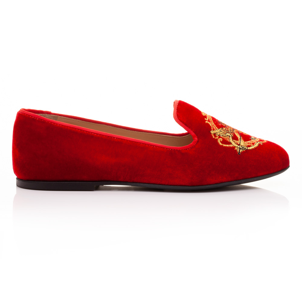 Hefner Red Velvet Gold Cherub Embroidery HFF221 French Sole