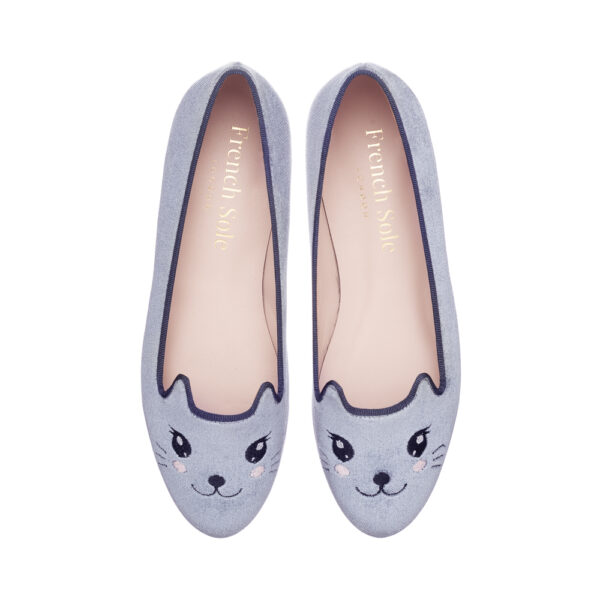 Opera Slipper Grey Velvet Cat Embroidery (OPR112) – French Sole